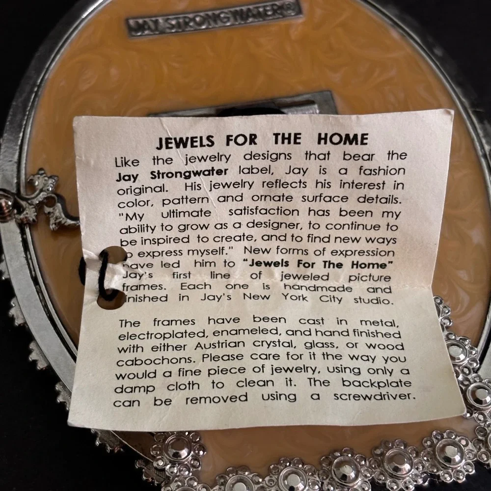 Jay Strongwater Small Oval Picture Frame Silver Tone Crystals Faux Pearls Tag